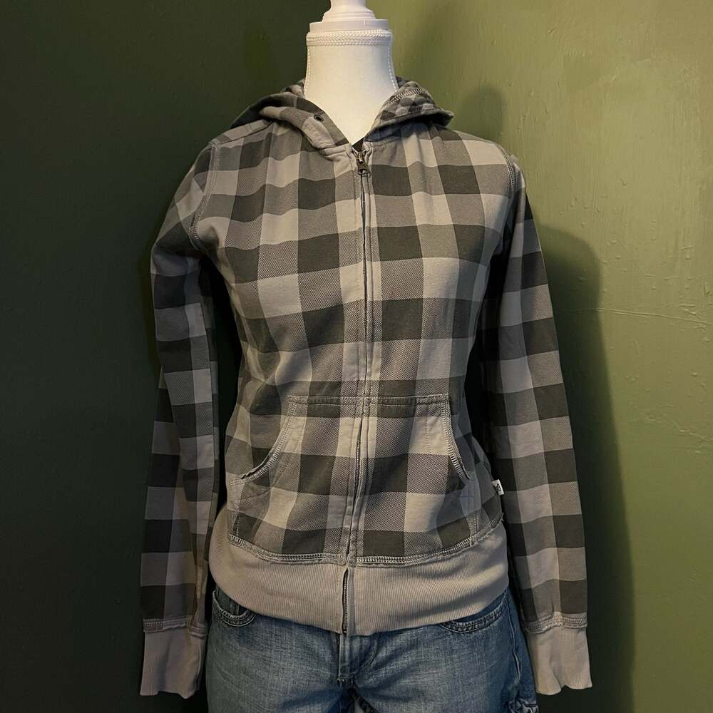 Self Esteem Women's Gray and Black Plaid Zip-Up Hoodie Size Medium
